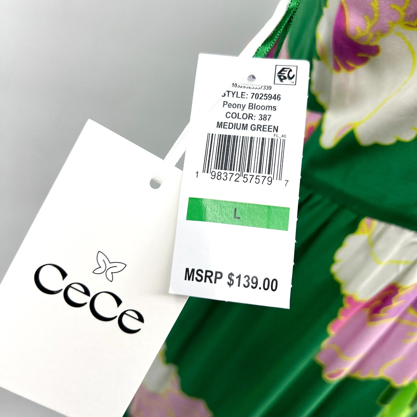 CECE Ruffle-Front Tiered Floral Maxi Dress Large Green Peony Blossom NWT