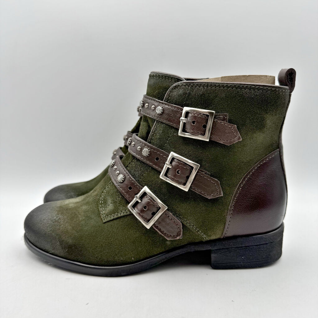 Miz Mooz Womens Sherri Ankle Boot EU 36 WIDE US 6 Green Brown Leather Buckle NIB