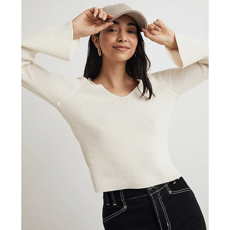 MADEWELL Womens Flared-Sleeve V-Neck Sweater Medium Antique Cream NO063 NWT