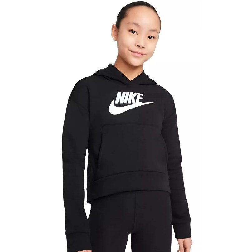 NIKE Girls Club Fleece Pullover Hoodie Club XS Black White Sweatshirt NWT
