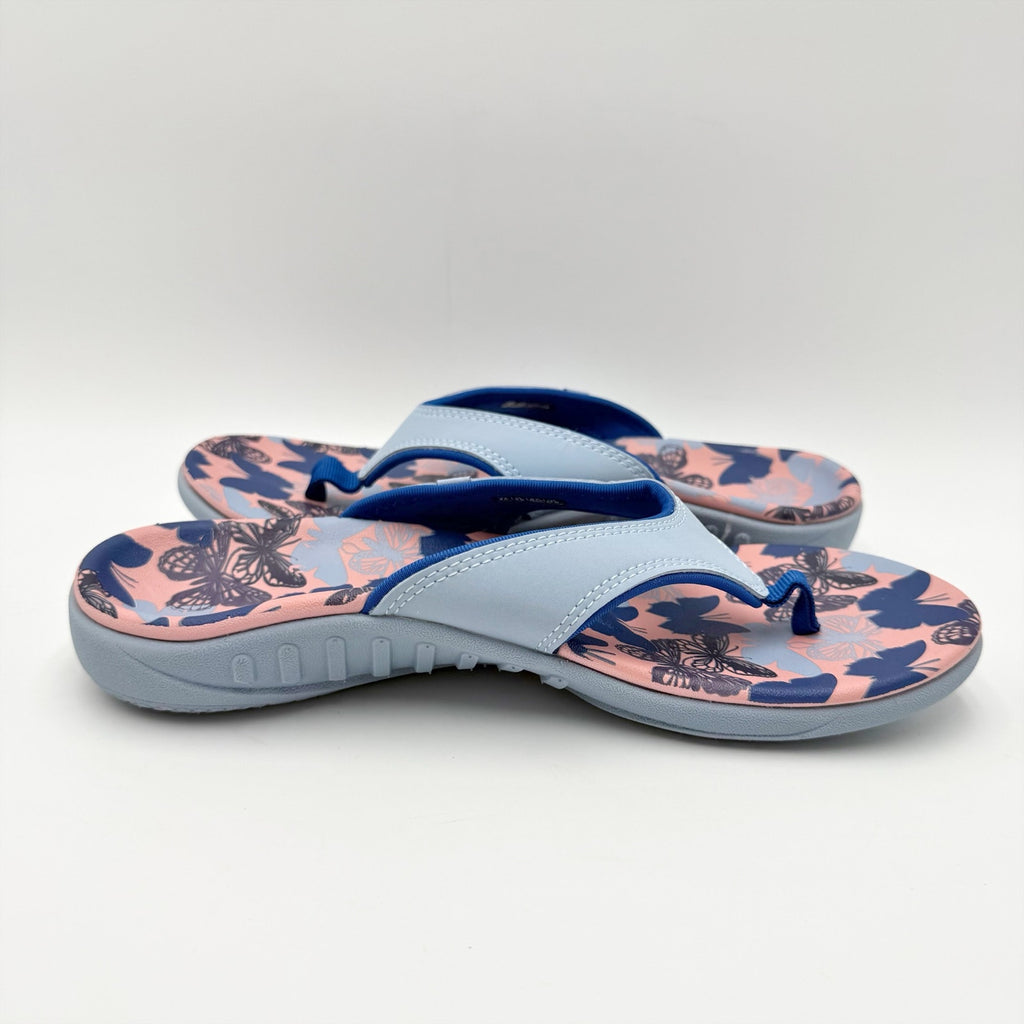 Spenco Womens Yumi Butterfly Sandals Size 8 WIDE Blue Pink Flip Flops NWOB