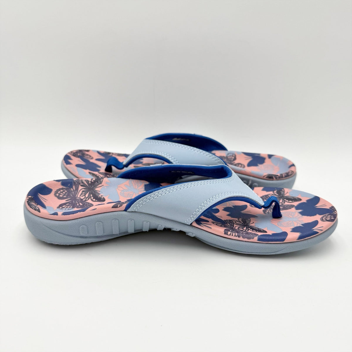 Spenco Womens Yumi Butterfly Sandals Size 8 WIDE Blue Pink Flip Flops NWOB