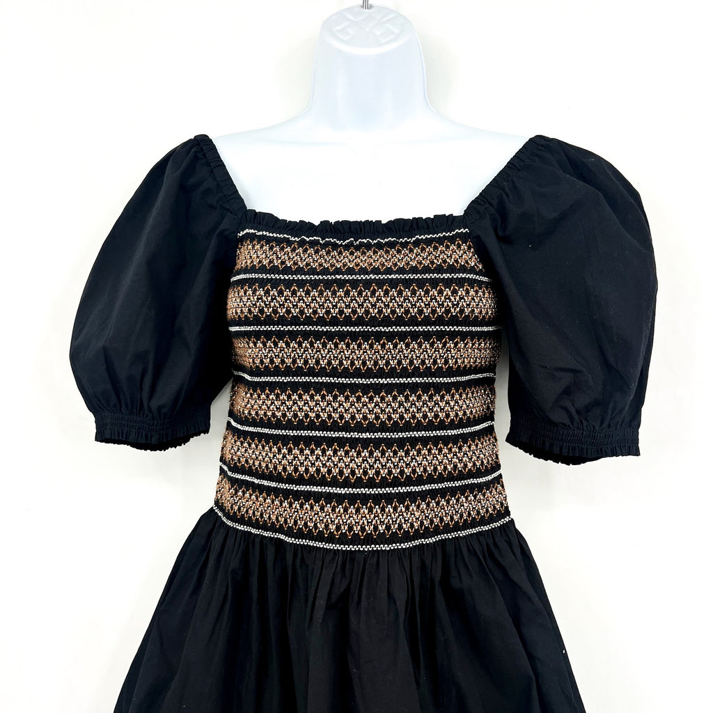 Madewell Womens Poplin Puff-Sleeve Mini Dress Small Black Smocked NU780 NWT