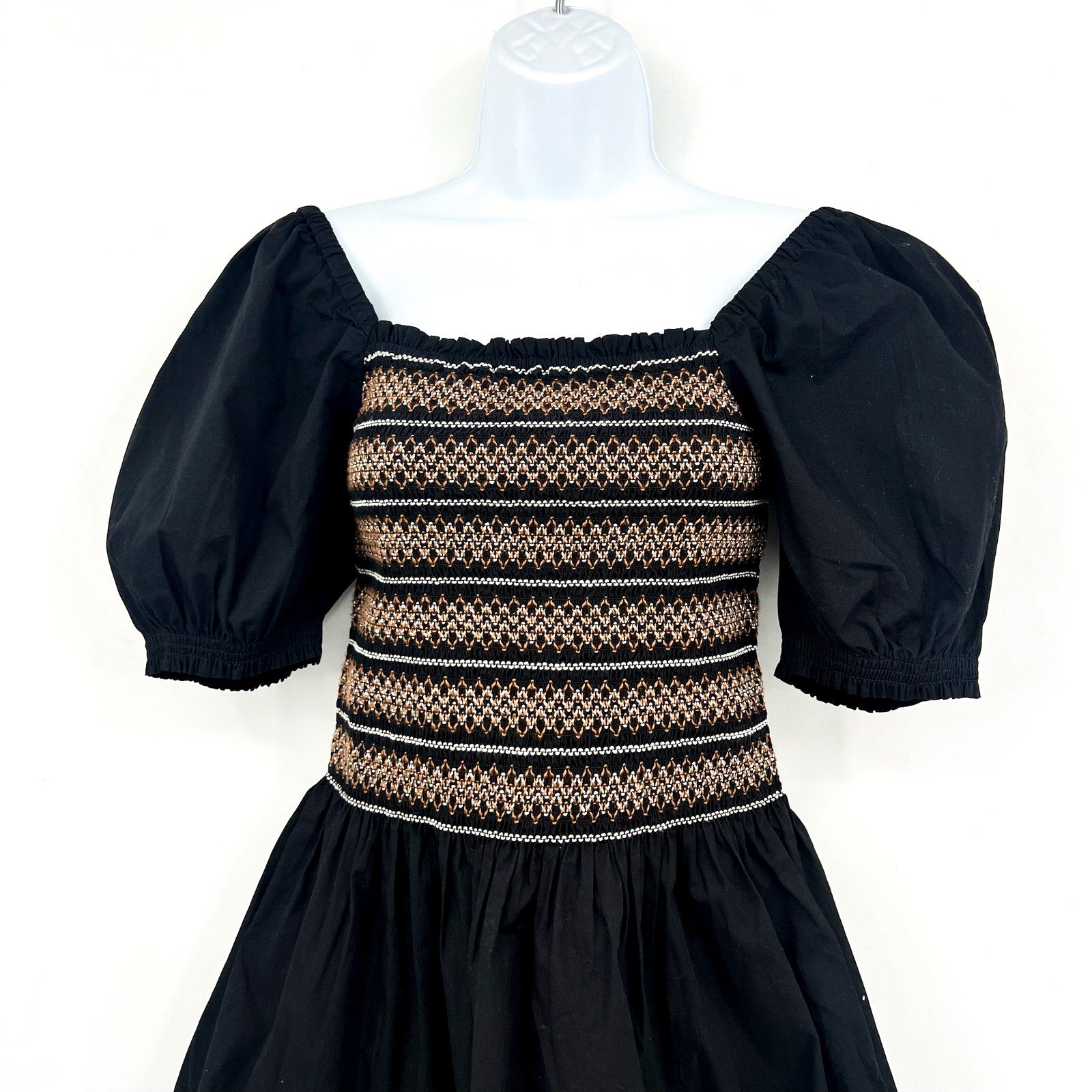 Madewell Womens Poplin Puff-Sleeve Mini Dress Small Black Smocked NU780 NWT