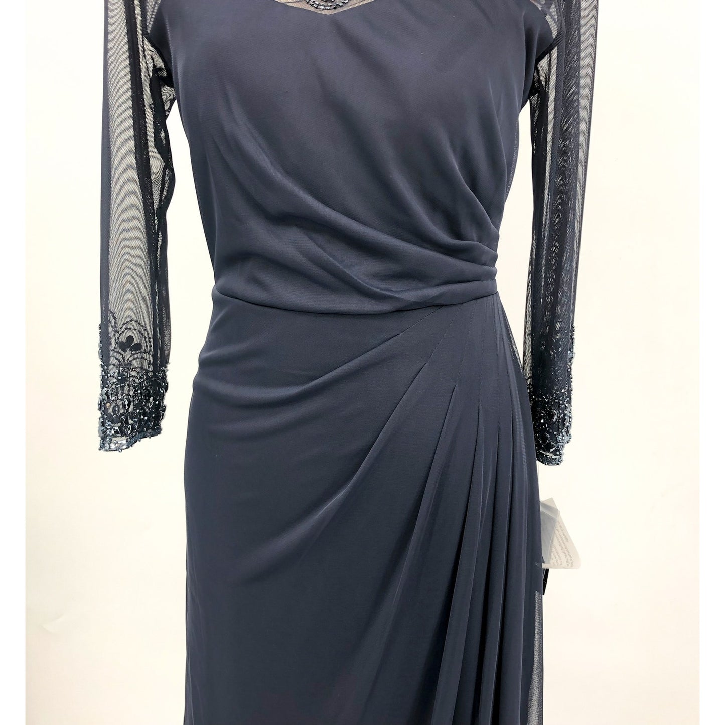 ALEX EVENINGS Illusion Sheath Gown Size 8 Deep Navy Blue Mesh Jeweled Neck NWT