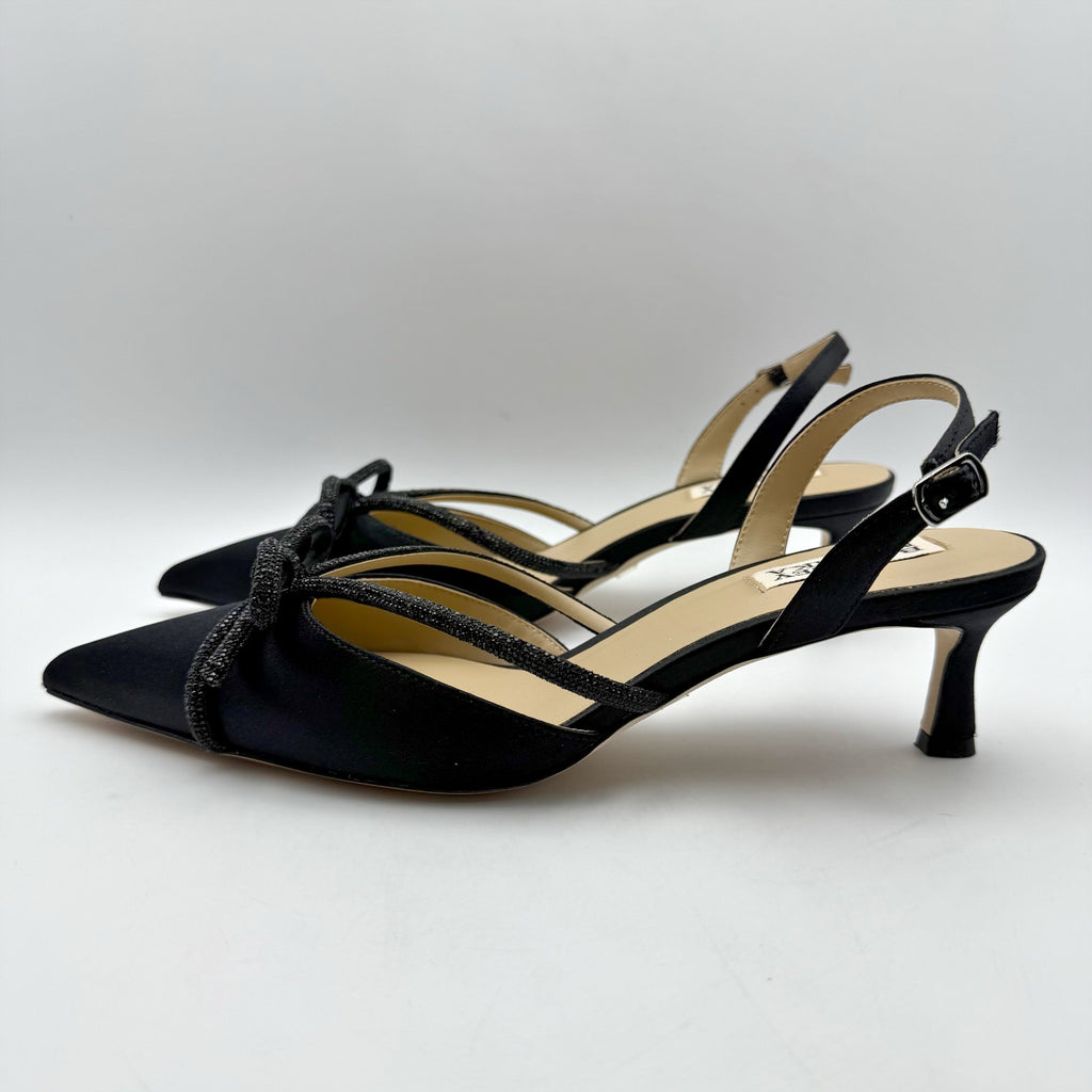 Badgley Mischka Womens Angelina Heels US 7.5 Black Satin Rhinestone Sandals NIB