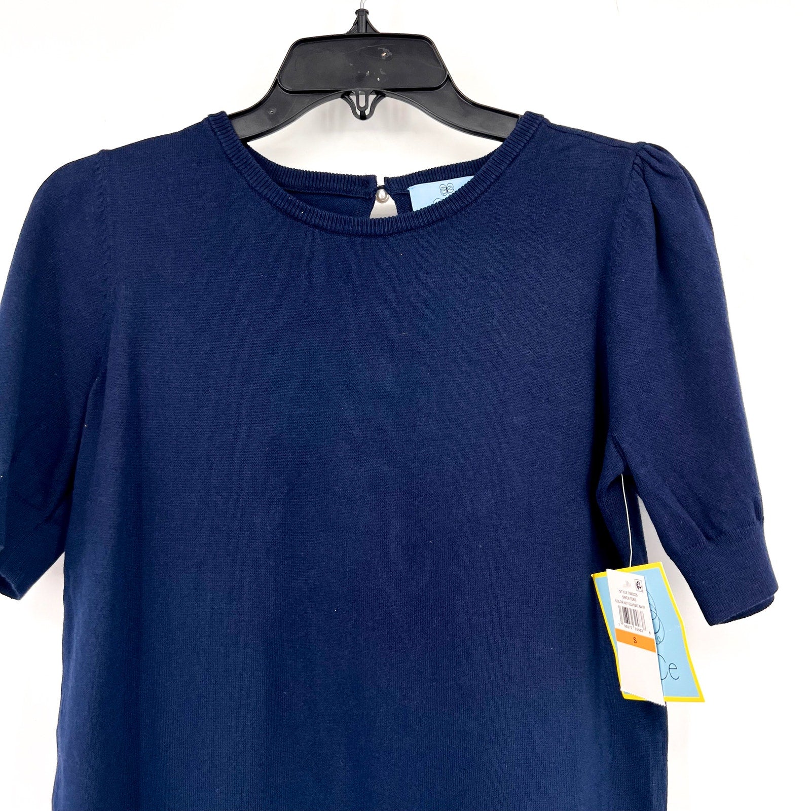 CECE Womens Knit Top Small Classic Navy Blue Pearl Button Short Sleeve NWT