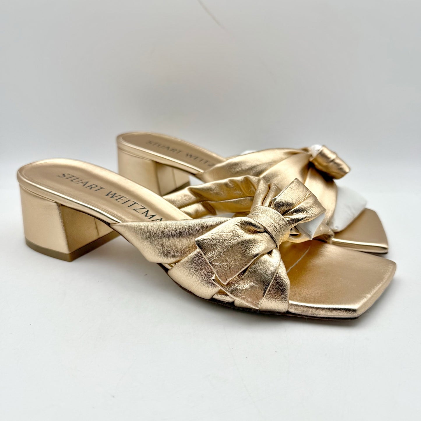 Stuart Weitzman Womens Sofia 45 Slide High Heels US 8.5 M Gold Leather Bow NIB