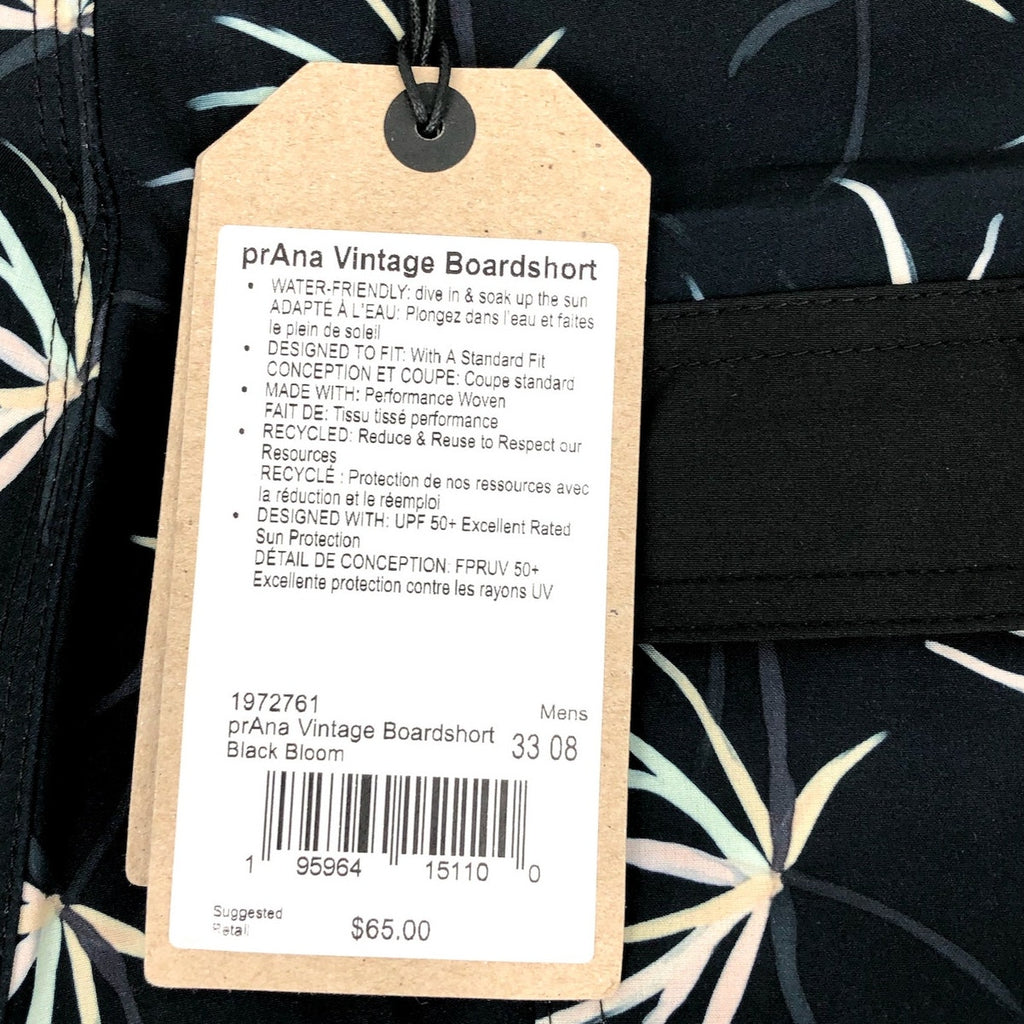 PRANA Men's Vintage Boardshorts Medium Black Bloom 8" Inseam Drawstring NWT