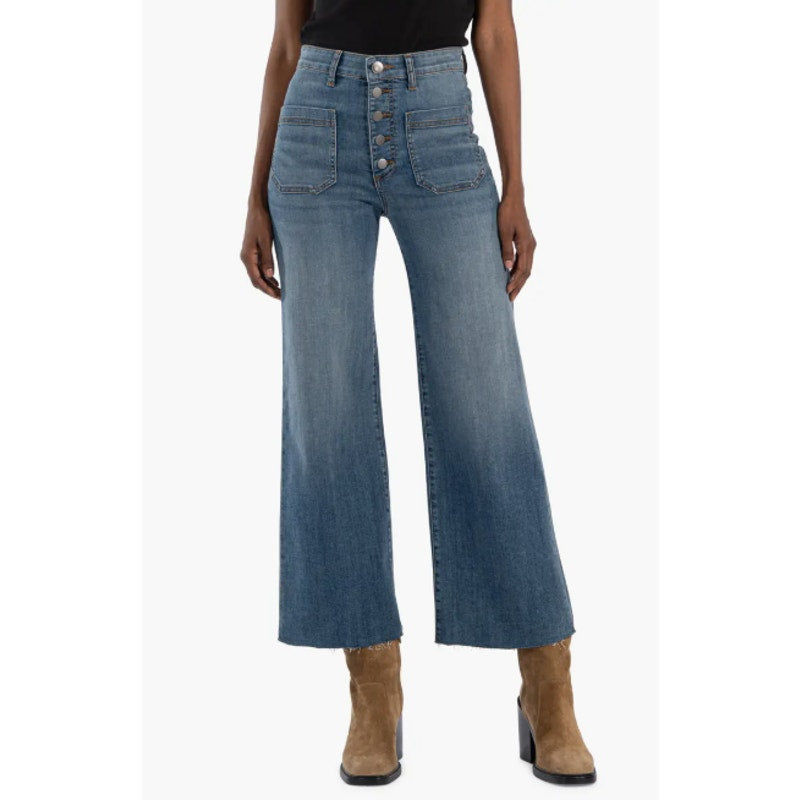 KUT FROM THE KLOTH Meg Wide Leg Jeans 00 Petite Blue Exposed Button NWT