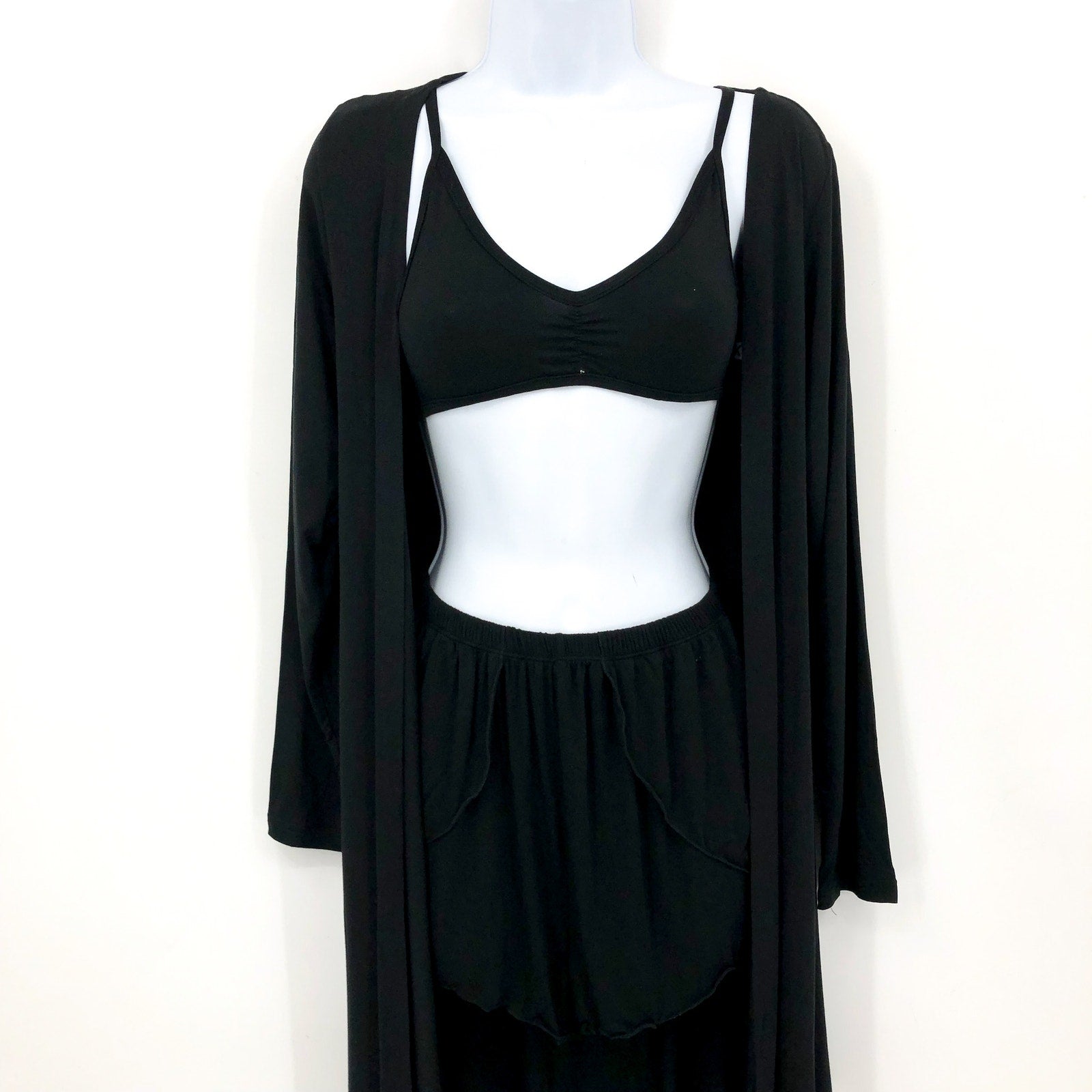 KICKEE PANTS Sleeping Bra Shorts & Duster Robe Set Small Black Midnight NWT