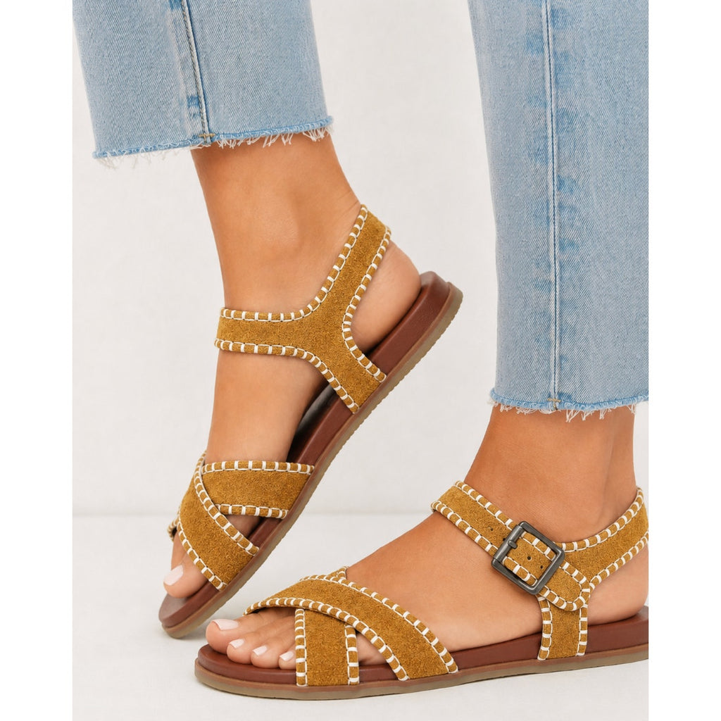 MIA Amore Womens Sofee Whipstitched Sandals US 6.5 Cognac Brown Vegan Suede NWOB