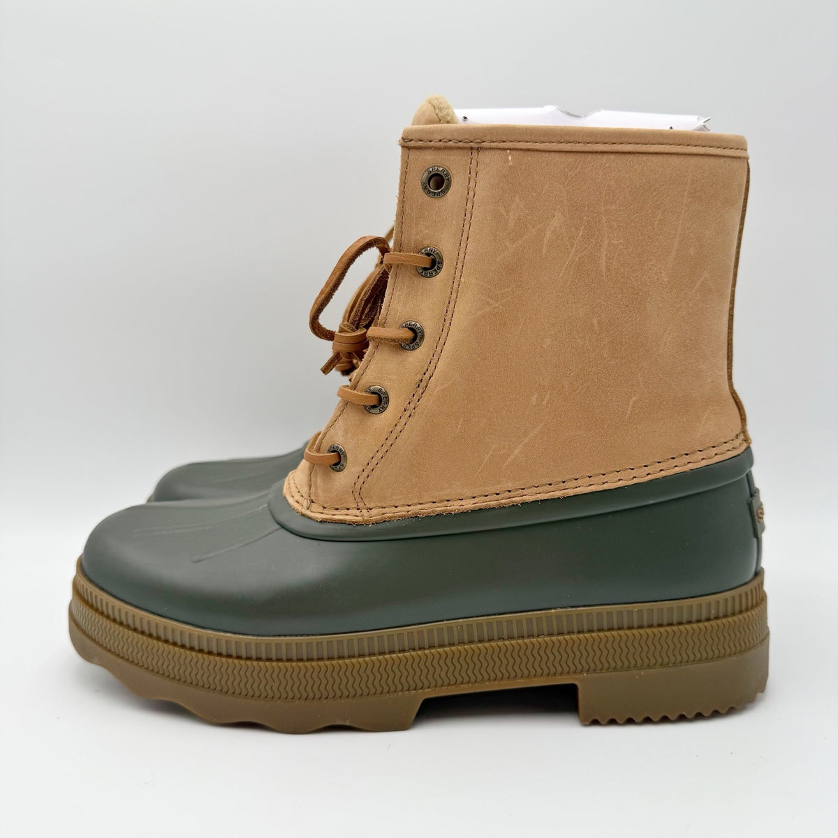 Sperry Womens Saltwater 2.0 Duck Boots Size 8.5 Tan Green Leather Waterproof NIB