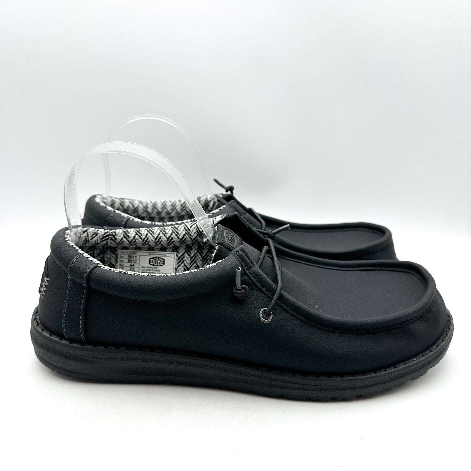 HEY DUDE Mens Wally Classic Sneakers Size 11 Black Faux Leather Slip On NWOB
