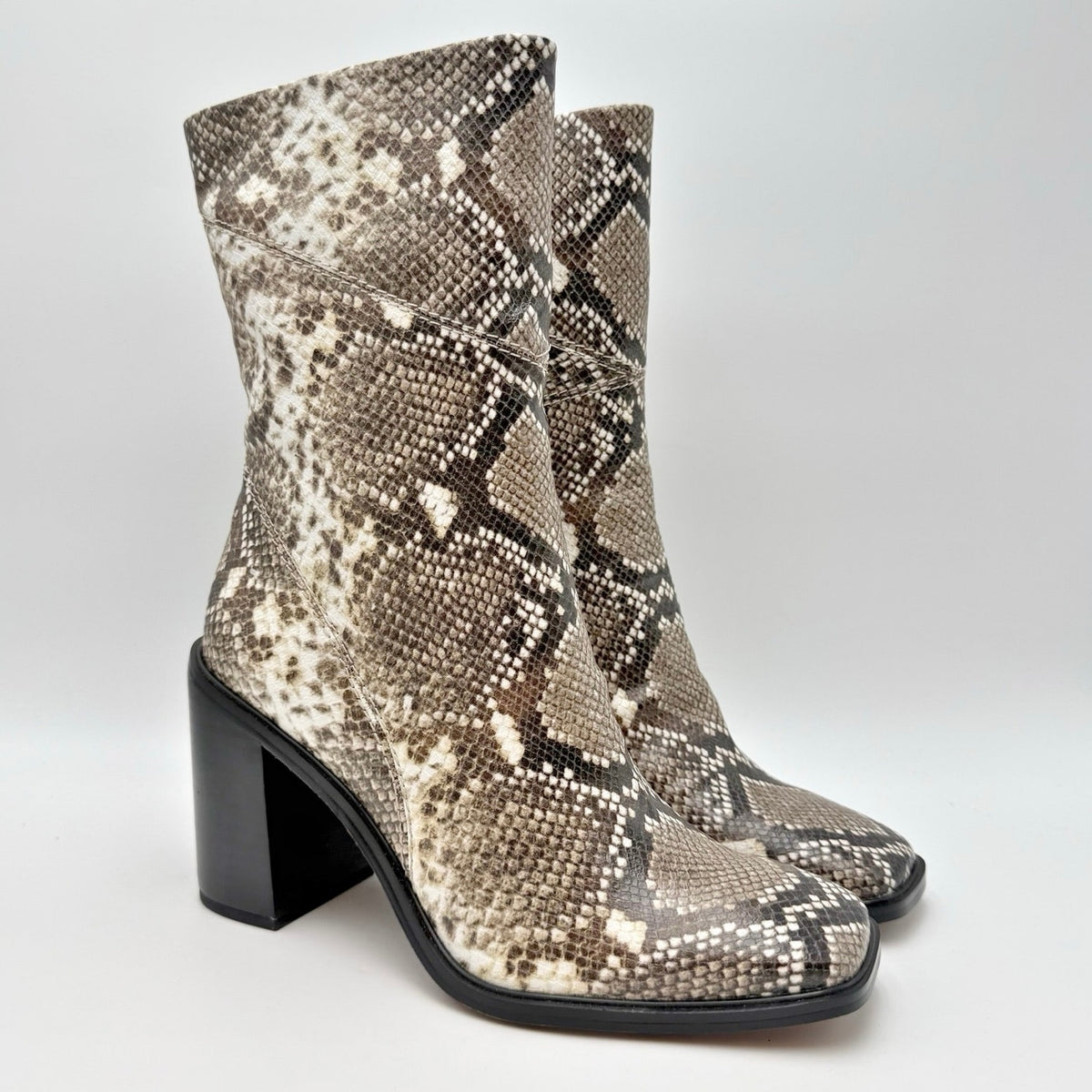 Franco Sarto Womens Stevie Mid Calf Boots Size 8.5 Tan Black Snake Leather NWOB