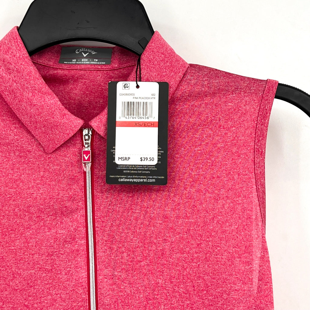 CALLAWAY Womens Sleeveless Polo Shirt XS Pink Peacock 1/4 Zip Golf NWT