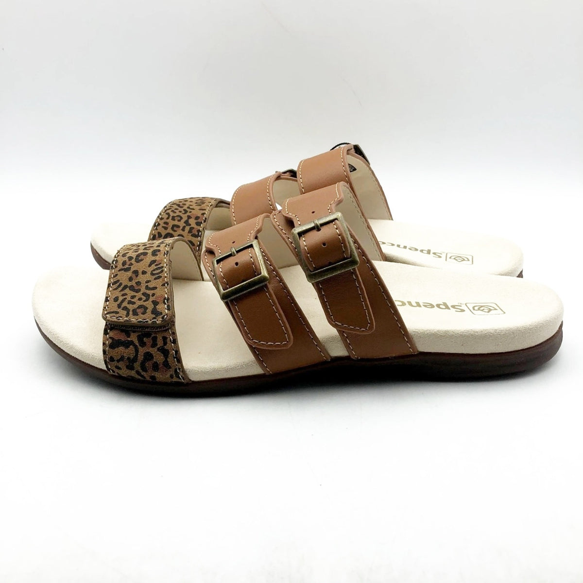 Spenco Womens Orchid Saddle Sandals 7.5 Wide EU 38D Cheetah Brown NIB