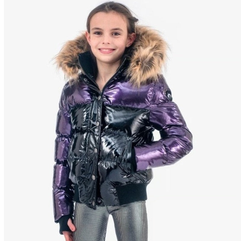 APPAMAN Girls' Kyla Puffer Coat Size 12 Purple Black Faux Fur Trim Hood NWT