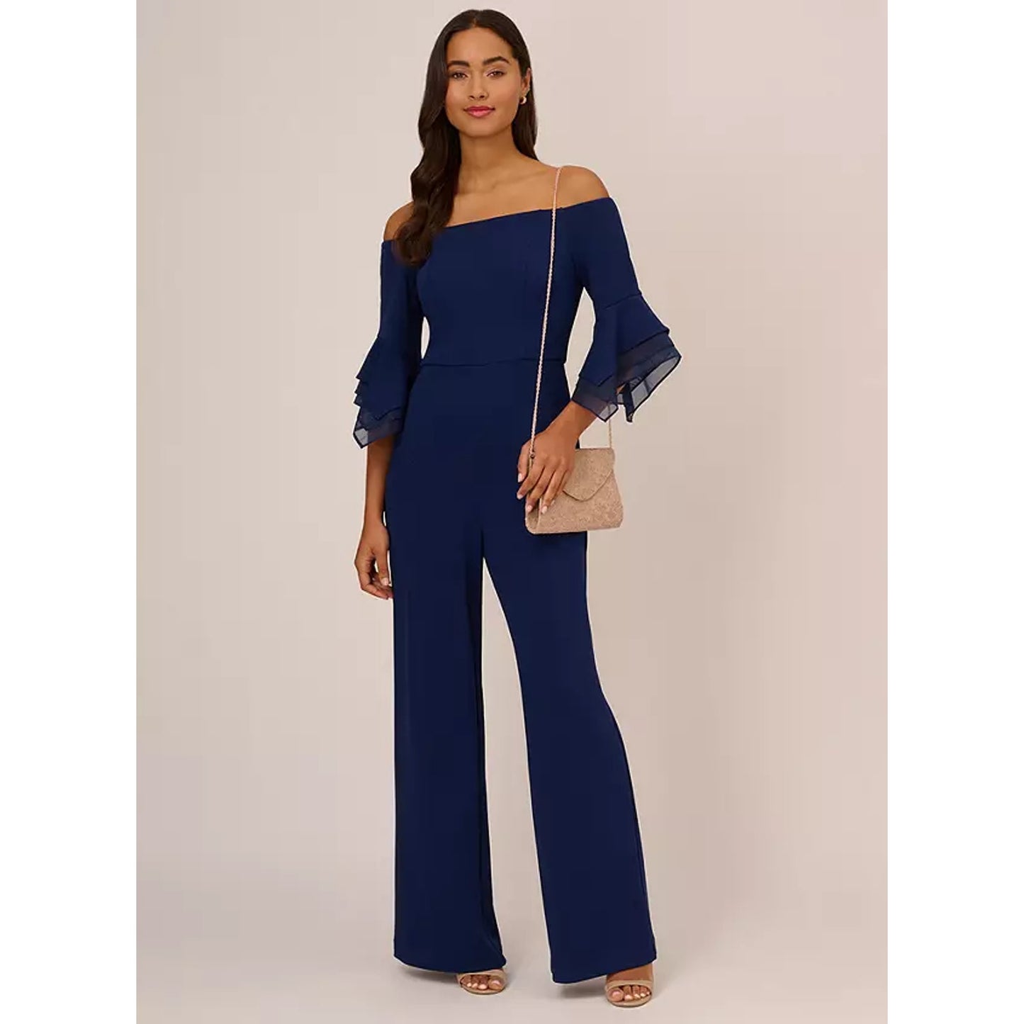 ADRIANNA PAPELL Organza Crepe Jumpsuit Size 14 Navy Blue Satin Off Shoulder NWT