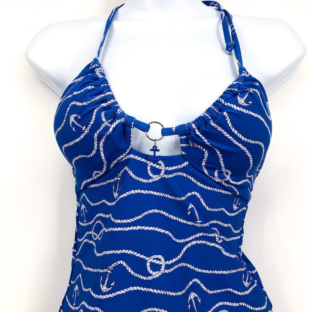 SEAFOLLY Bandeau Halter One Piece Swimsuit Size 6 Blue Azure Set Sail Print NWT