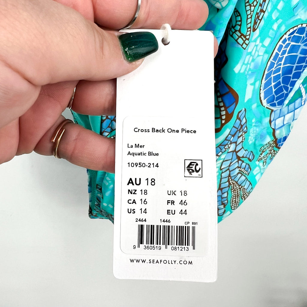 SEAFOLLY La Mer Cross Back One Piece Swimsuit Size 14 Aquatic Blue Print NWT