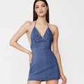 BARDOT Womens Sofia Denim Mini Dress XL US 10 Vintage Blue Halter Y2K NWT