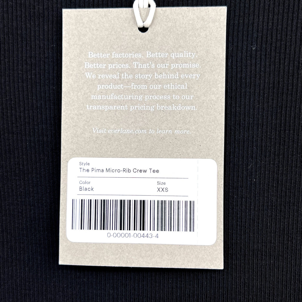 EVERLANE Women's The Luxe Rib Crew Tee XXS Black Short Sleeve Supima Cotton NWT
