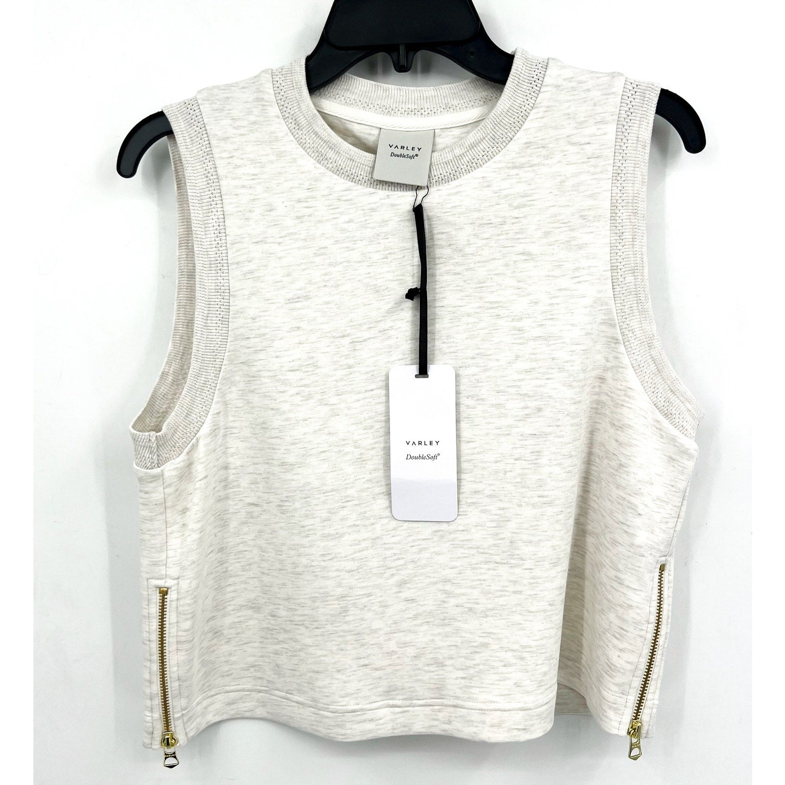 VARLEY Womens Shea Crop Tank Top Small Ivory Marl Crewneck Sleeveless Zipper NWT