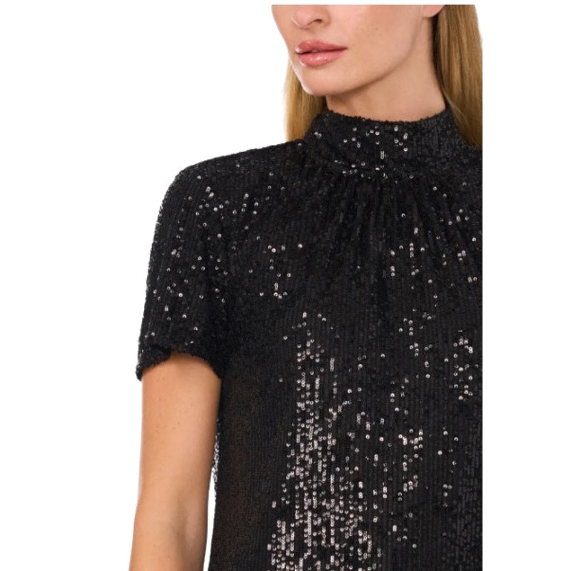 CECE Women's Sequin Top Large Rich Black Bow Back Mock Neck Short Sleeve NWT
