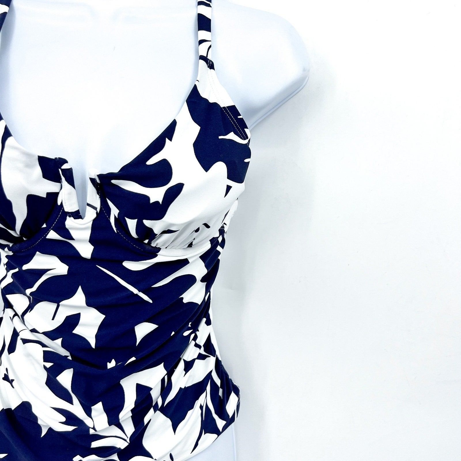 ANNE COLE Womens Tankini Swim Top 32DD - 34D Blue White Coastal Palms V-Wire NWT
