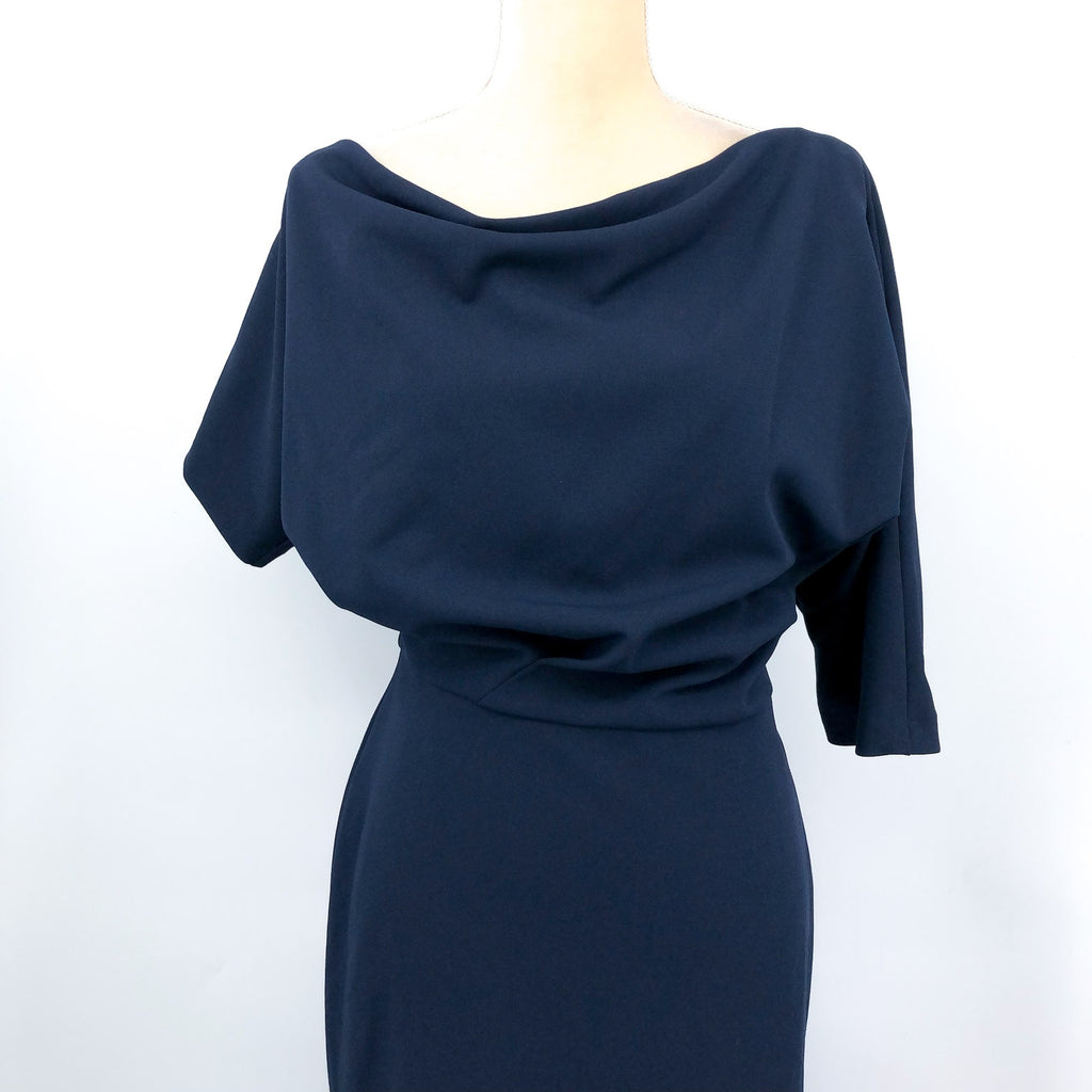 BETSY & ADAM Asymmetrical Scuba Crepe Dress Size 12 Navy Blue A25025 NWT