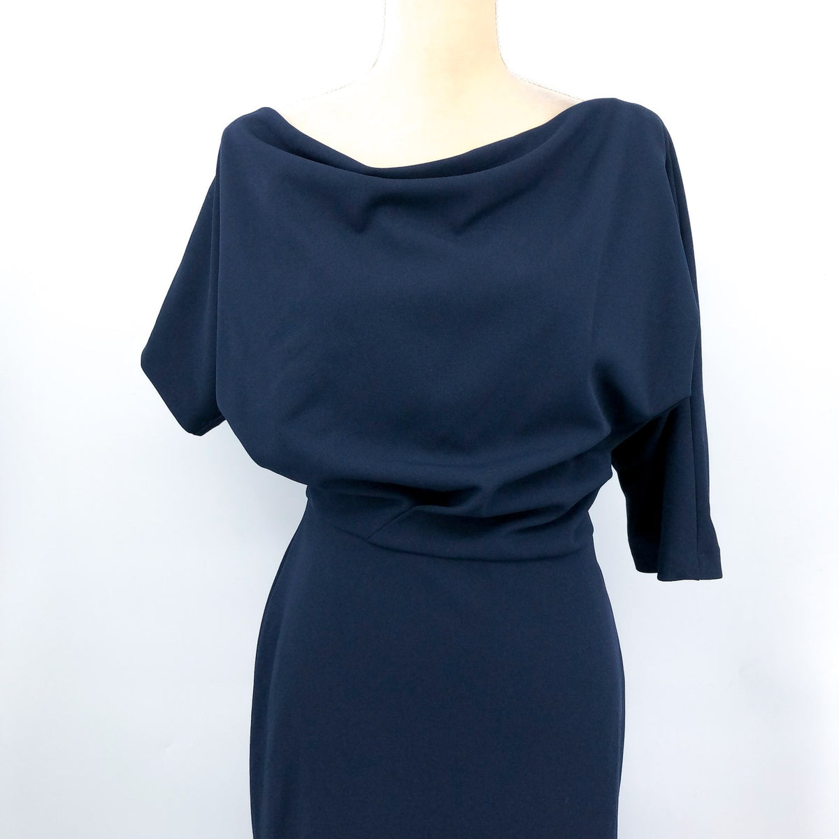BETSY & ADAM Asymmetrical Scuba Crepe Dress Size 12 Navy Blue A25025 NWT