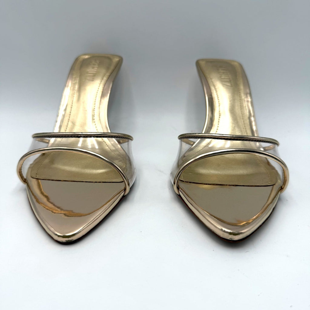 Schutz Womens Elodie Vinyl Heeled Mule Sandals Size 7.5 Platinum Gold NIB