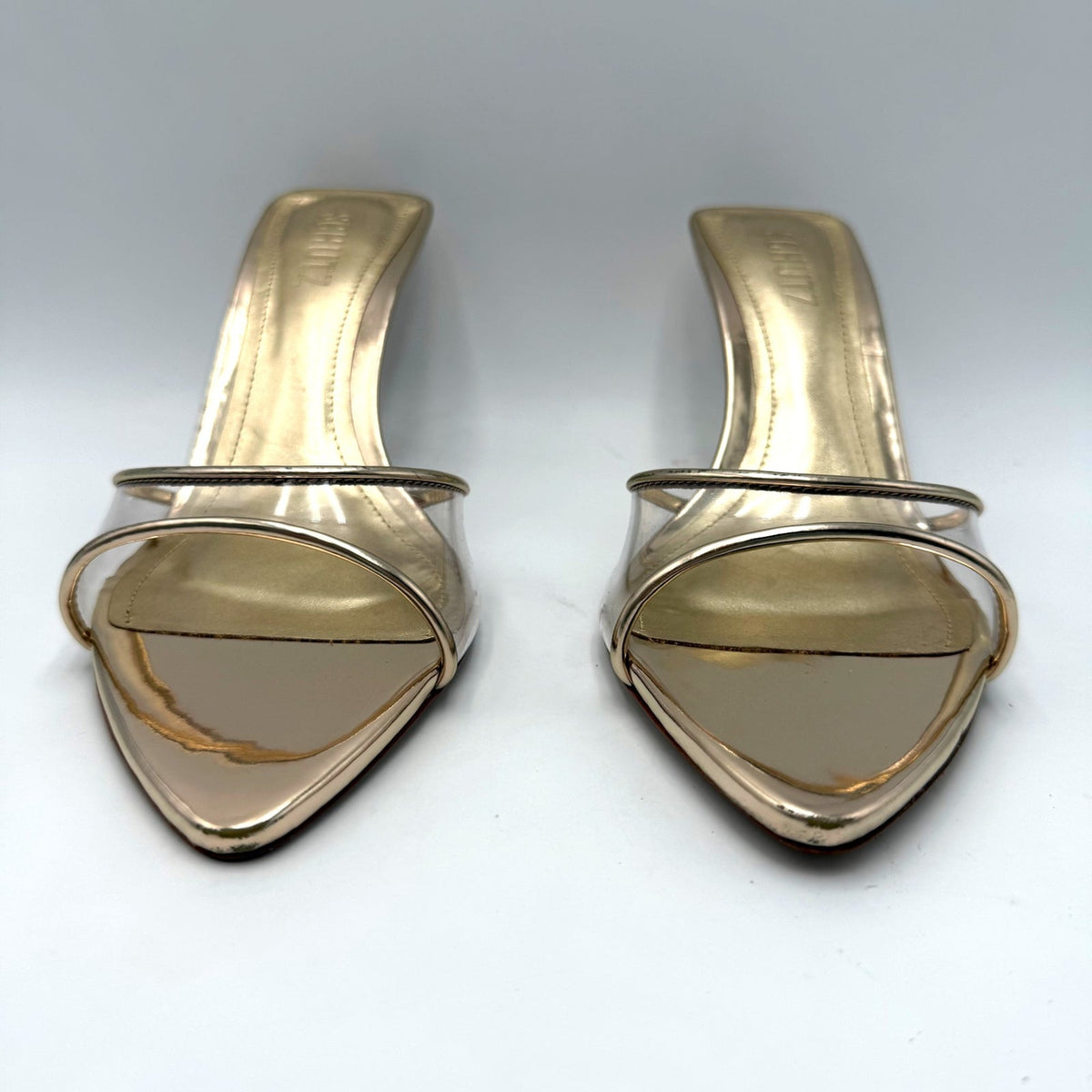 Schutz Womens Elodie Vinyl Heeled Mule Sandals Size 7.5 Platinum Gold NIB