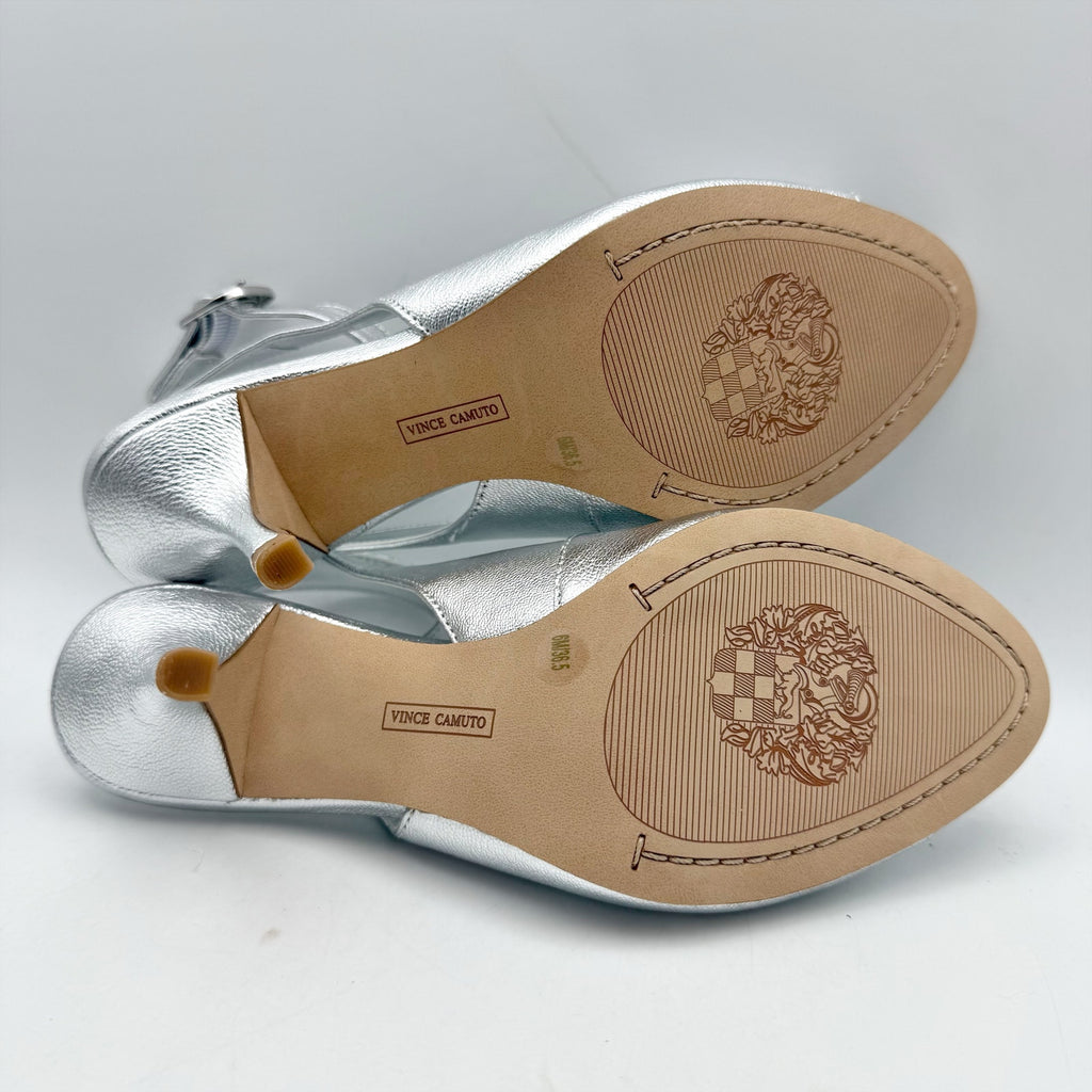 Vince Camuto Womens Pavles Ankle Strap Heeled Sandals Size 6 Silver Leather NIB
