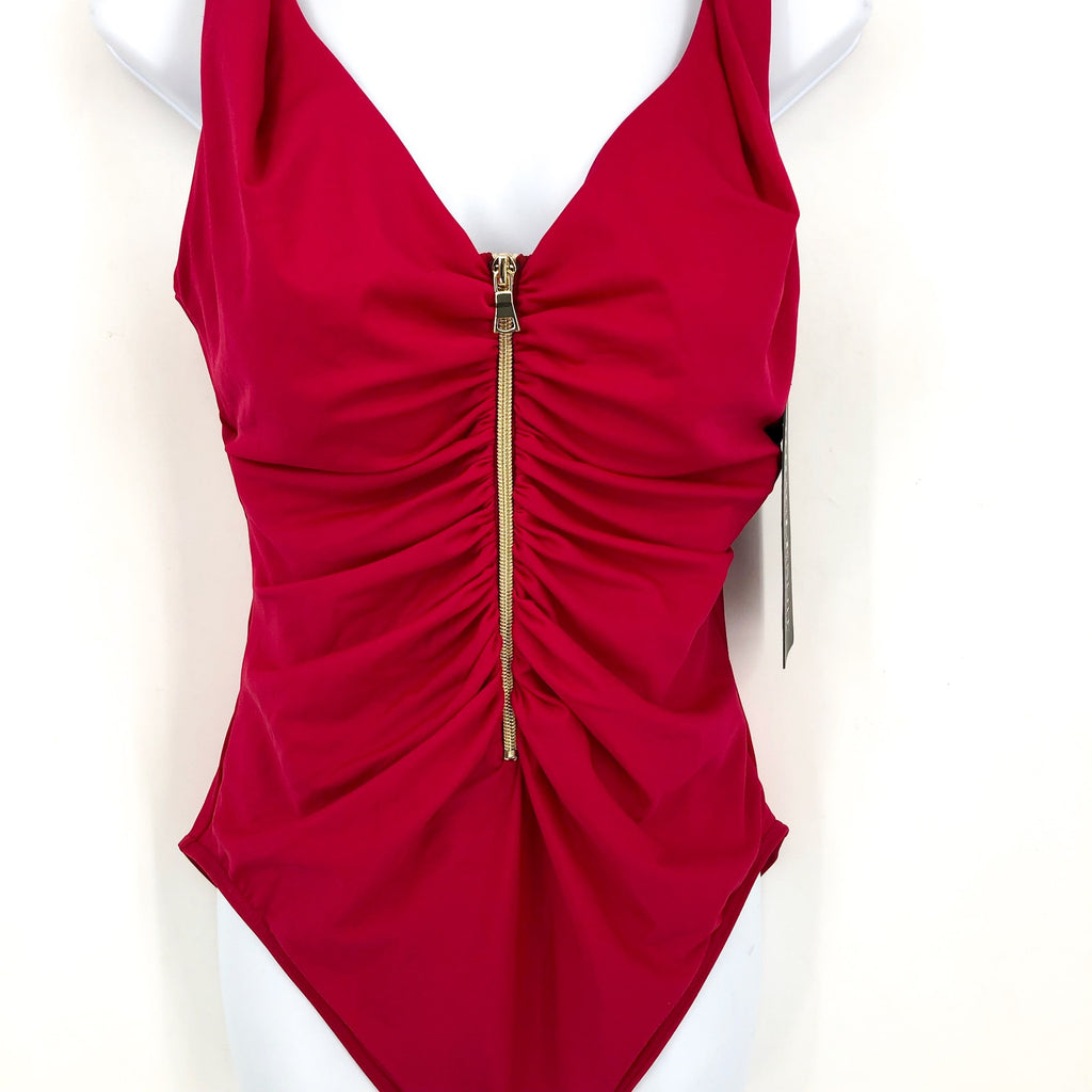 MIRACLESUIT Women's Razzle Dazzle Zipt One-Piece Swimsuit Size 16 Red Ruched NWT