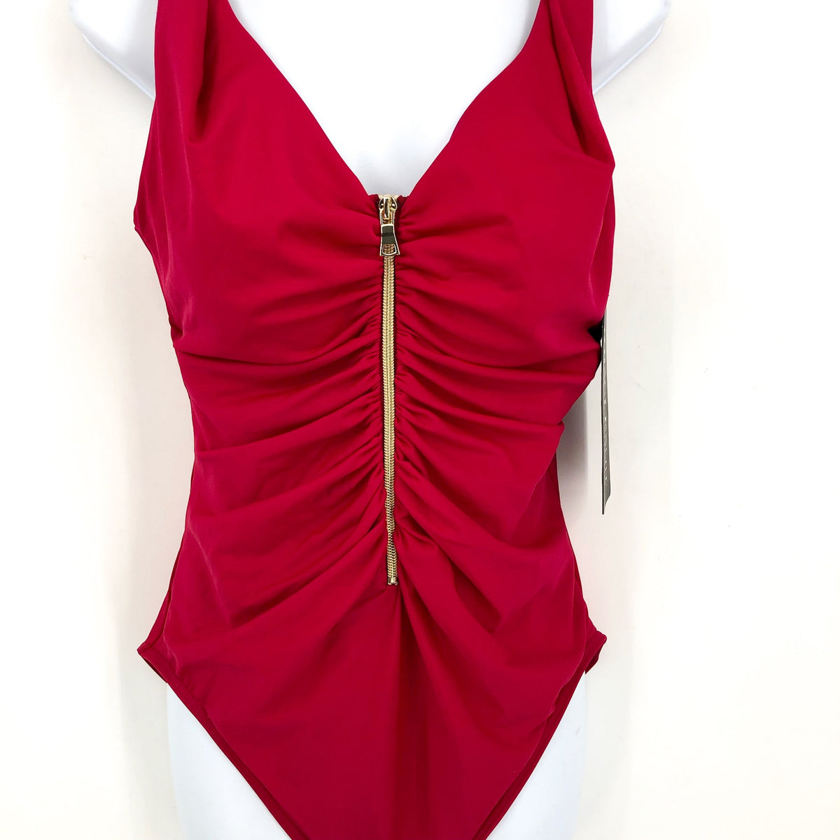 MIRACLESUIT Women's Razzle Dazzle Zipt One-Piece Swimsuit Size 16 Red Ruched NWT
