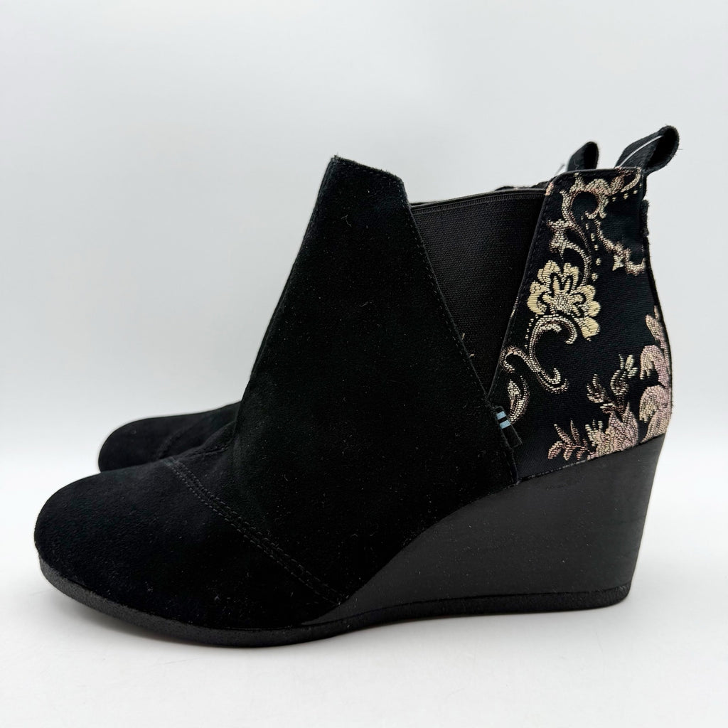 TOMS Womens Kelsey Graphic Wedge Booties US 9.5 EU 41 Black Floral Suede NWOB