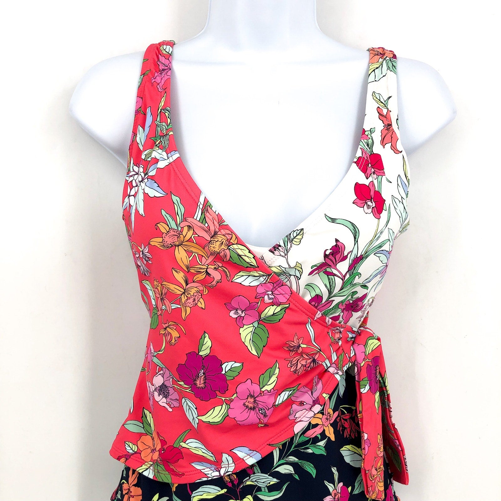 TOMMY BAHAMA Summer One-Piece Swimsuit Size 16 Pink Black Floral Wrap-Front NWT