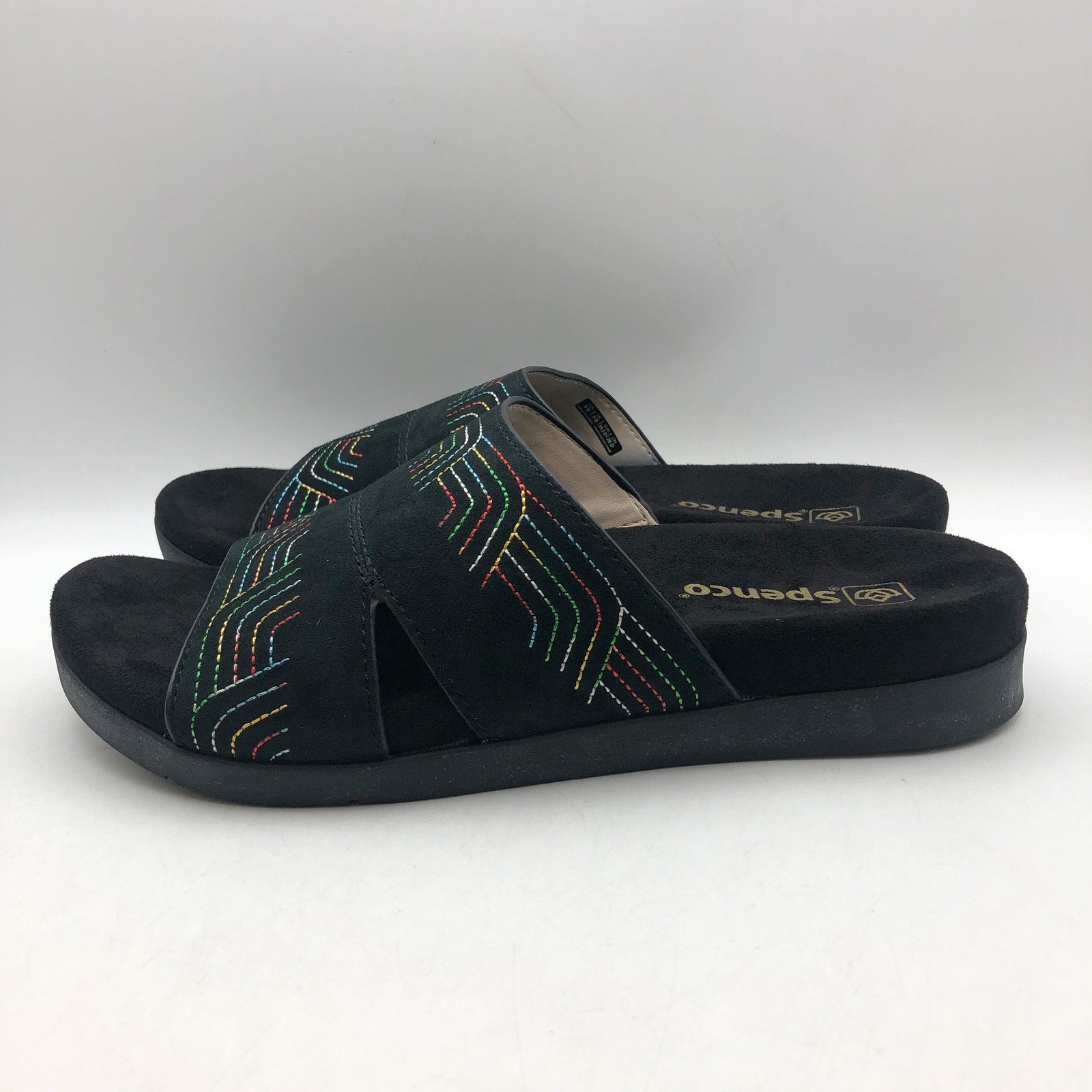 Spenco Womens Twilight Ellie Slide Sandals US 9 WIDE Black Space Dye Leather NIB
