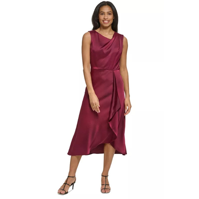 DKNY Women's Sleeveless Faux Wrap Midi Dress Size 6 Red Maroon Draped NWT