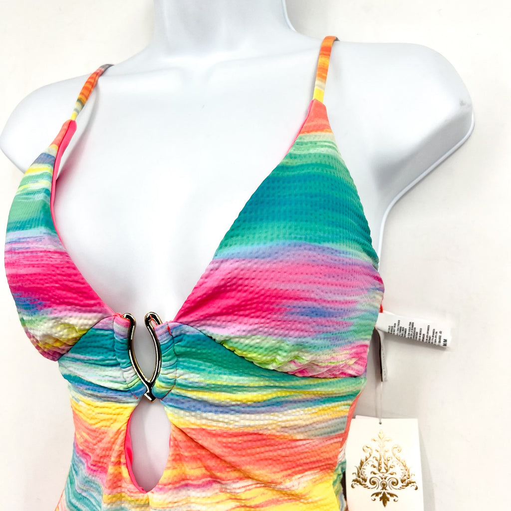 BECCA Women's Verano Plunge Neck One Piece Swimsuit Medium Pink Yellow NWT