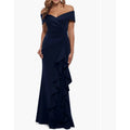 XSCAPE Womens Ruffle Off the Shoulder Gown Size 16 Midnight Blue Scuba 4581X NWT