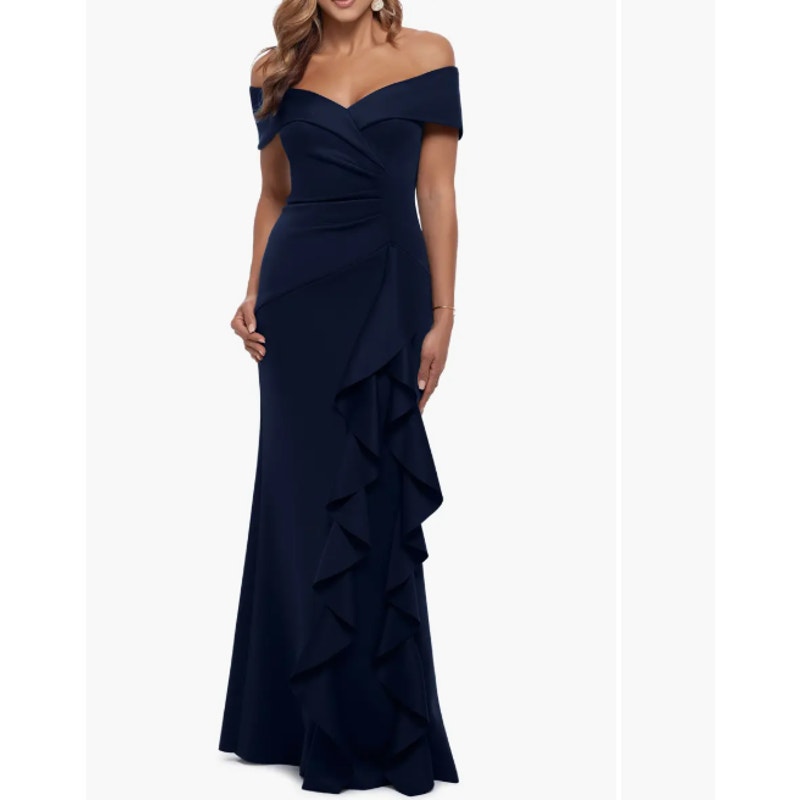XSCAPE Womens Ruffle Off the Shoulder Gown Size 16 Midnight Blue Scuba 4581X NWT