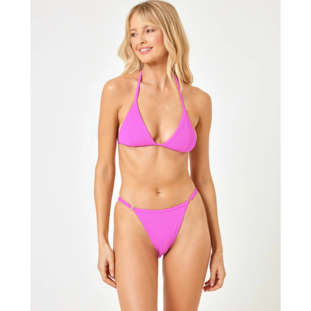 L*SPACE Lindsay Bikini Top XL Pink Bright Fuchsia Ribbed Triangle NWT