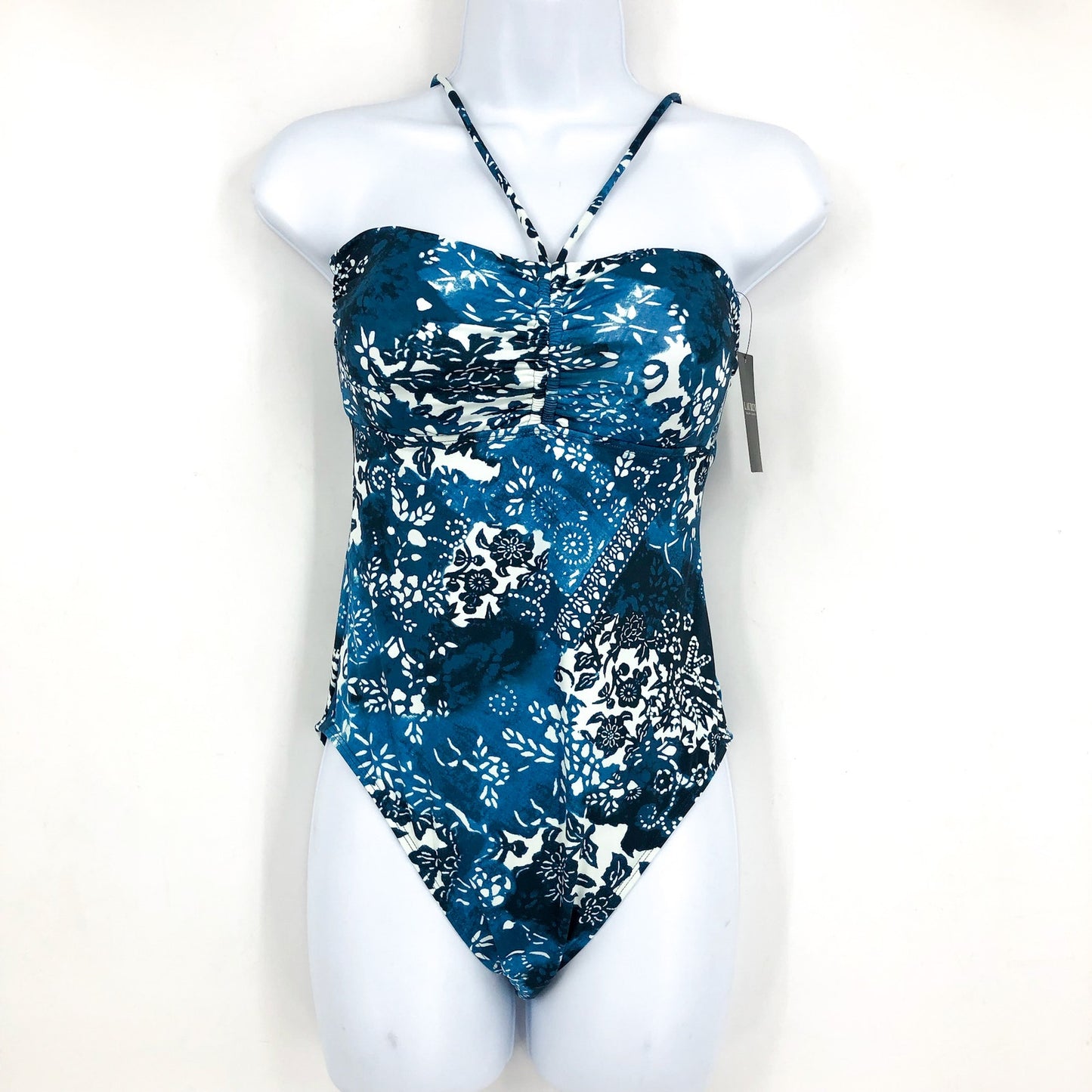 LAUREN RALPH LAUREN Halter Bandeau One Piece Swimsuit Sz 8 Blue Patchwork NWT