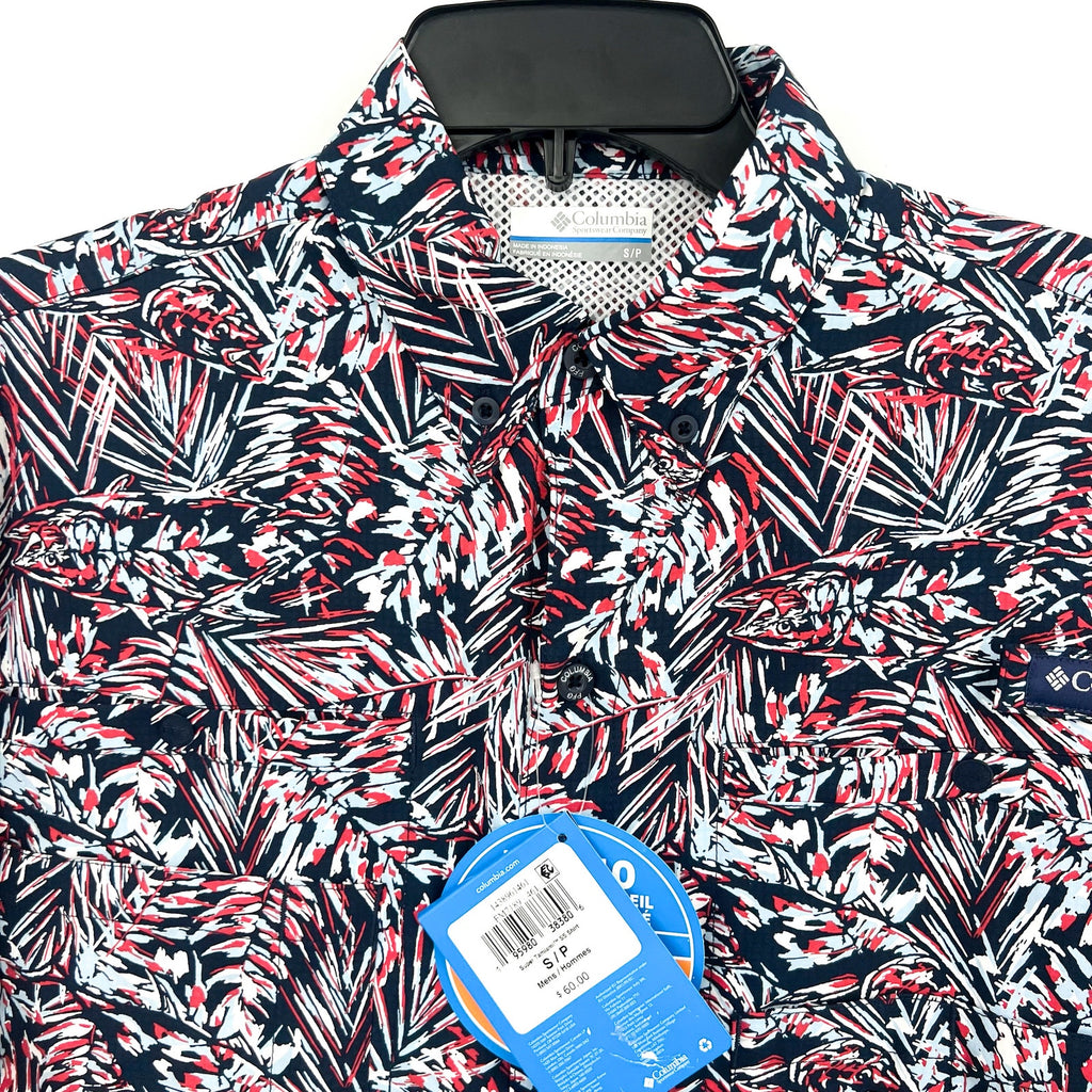 COLUMBIA PFG Mens Super Tamiami Short Sleeve Shirt Small Red Blue Print NWT