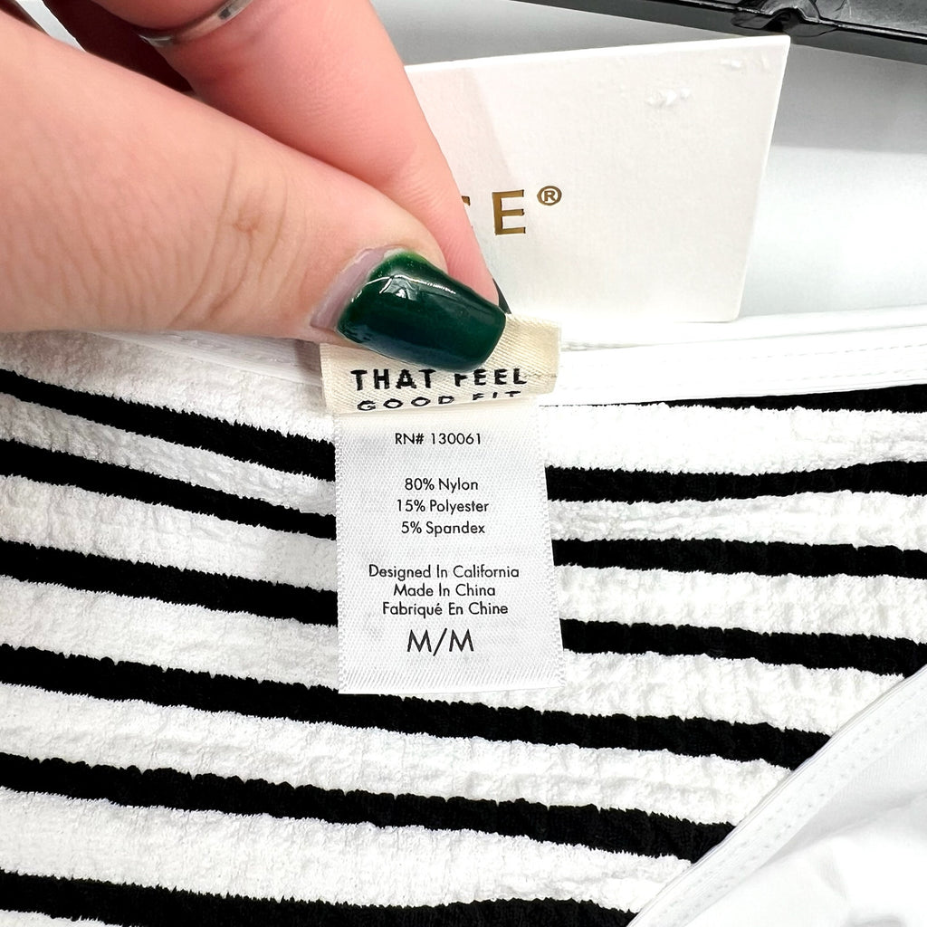 L*SPACE Women's Suzi Classic Bikini Bottom Medium Black White Stripe Ribbed NWT