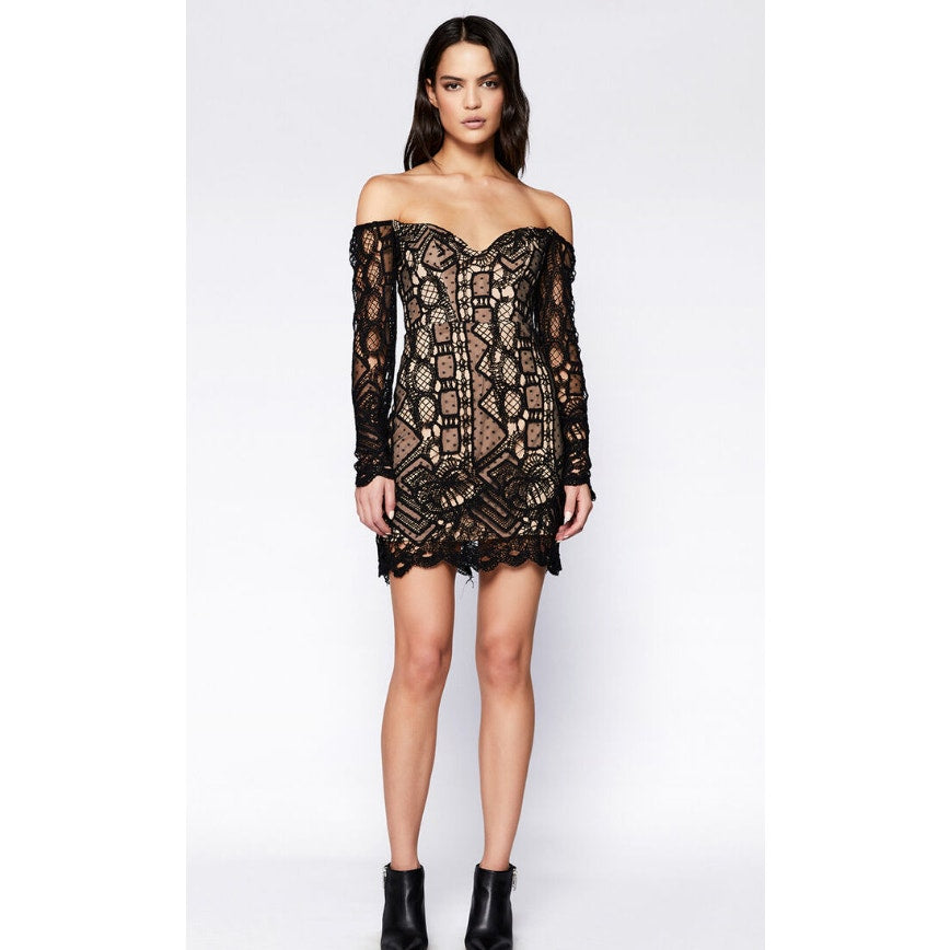 BARDOT Women's Zendaya Mini Lace Dress Large Black Nude Off Shoulder NWT