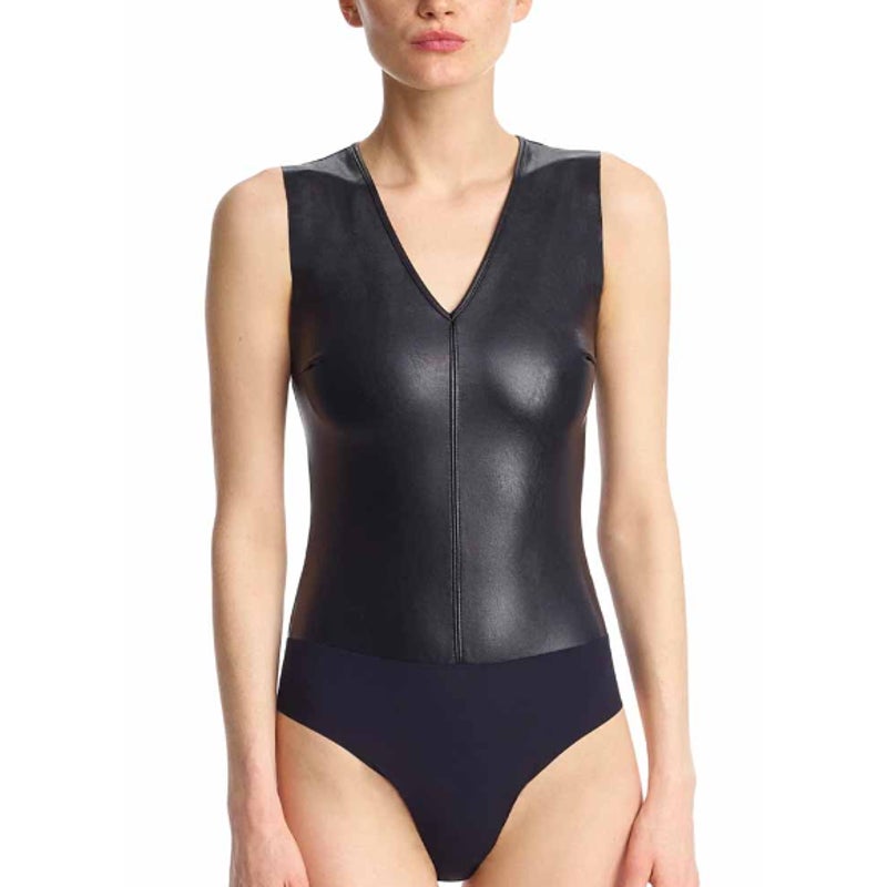 COMMANDO Women's Faux Leather Deep-V Bodysuit Large Black Sleeveless Top NWT